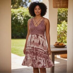 Crochet Bodice Tie-Dye Midi Dress in Mauve Pink